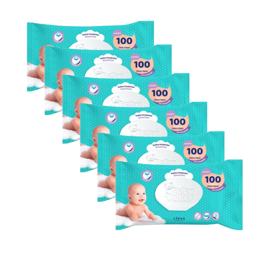 Kit Lenço Umedecido Baby Poppy Sensitive 600 lenços (6x100)
