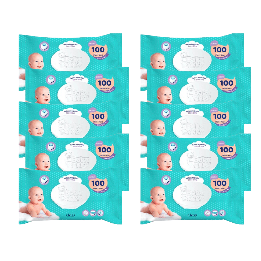 Kit Lenço Umedecido Baby Poppy Sensitive 1000 lenços (10x100)