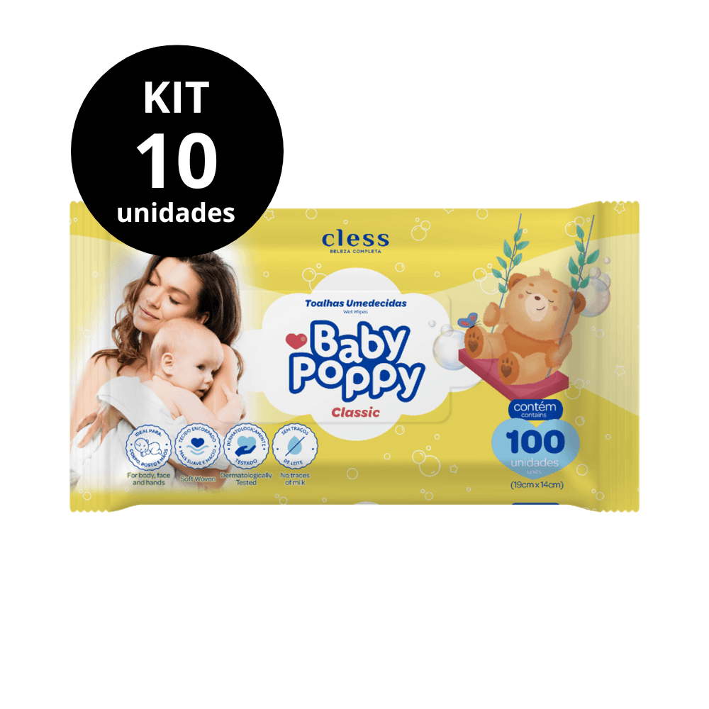 Kit Lenço Umedecido Baby Poppy Classic 1000 lenços (10x100)