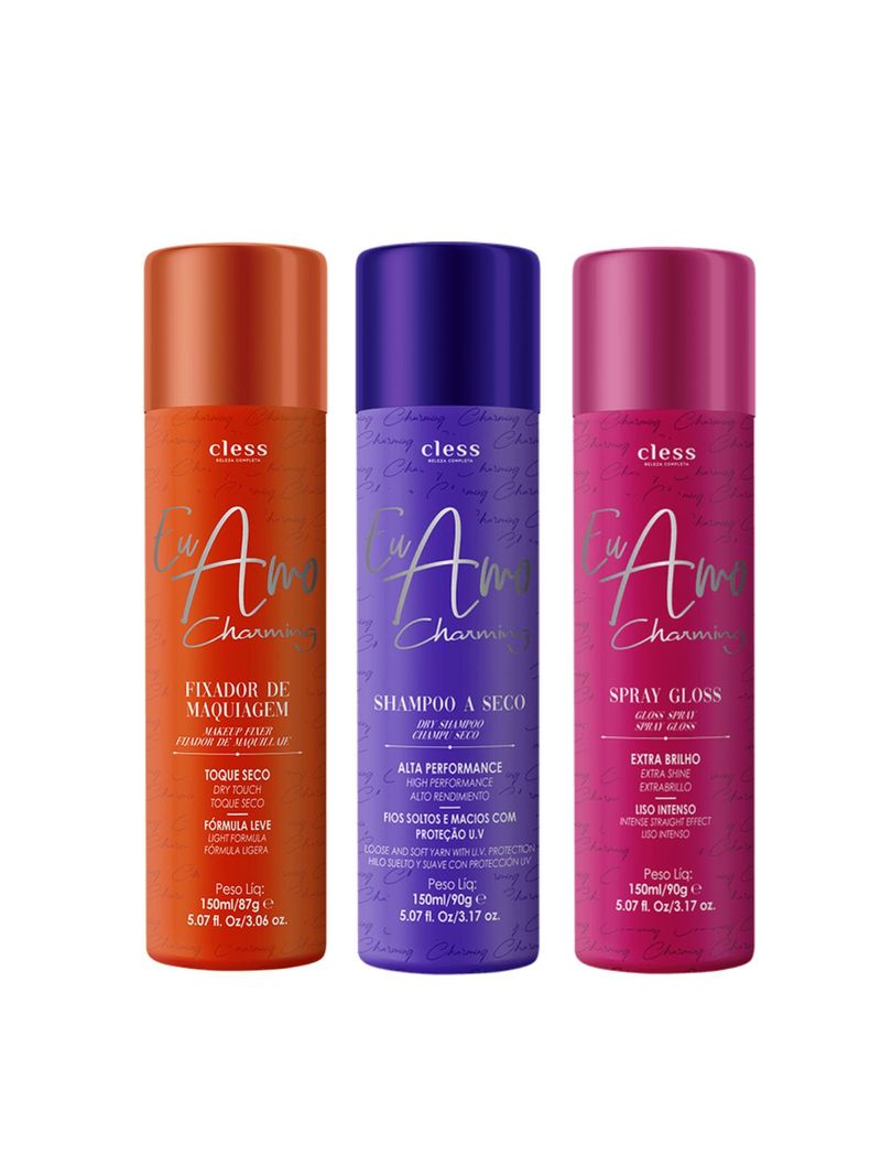 Kit-Shampoo-a-seco---Fixador-de-maquiagem---Spray-Gloss-Eu-Amo-Charming